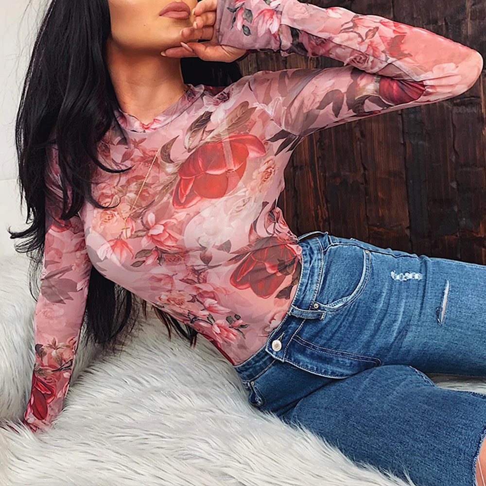 2020 Summer Ladies Slim Fit Leotard Jumpsuit Body T shirts Bodysuit Women Mesh Sheer Long Sleeve Floral Print Romper Skinny Tops
