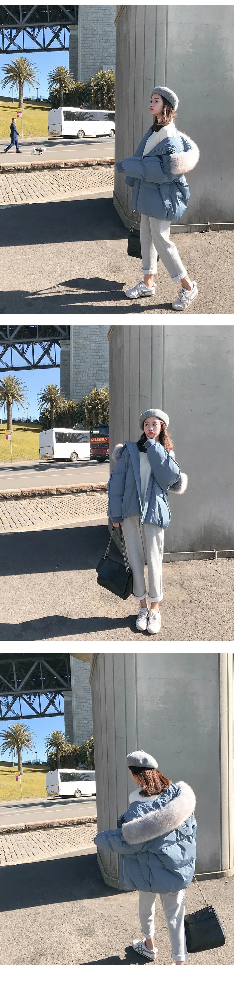 Photo Shoot Main Push Ulzzang Apricot Pink Covered Edge Large Fur Collar Hooded Short-height Loose-Fit down Coat Female Short Co
