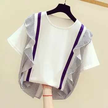 

Harajuku Tshirt for Women 2020 Summer New Korean Fashion Contrast Striped Ruffled Splicing Short Sleeve T-shirt Female Tops Tee
