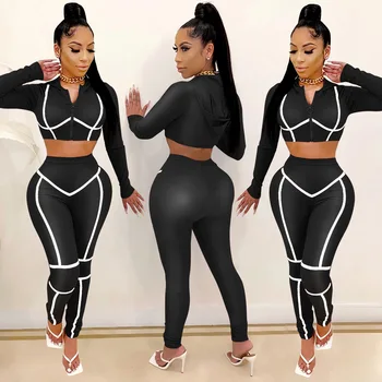 

Women's Two Pieces Sports Suit, Long Sleeve Hooded Crop Top with Tight Long Pants for Daily and Exercise