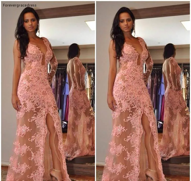 

2019 Long Illusion Lace Prom Dress Side High Split Formal Holiday Wear Party Gown Custom Made Plus Size
