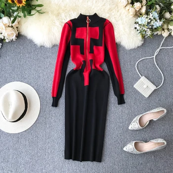 

Casual Contrast Color Knitted Dress 2019 Chic Autumn Women Long Sleeve Zipper Design Dress Ladies Winter Midi Dress