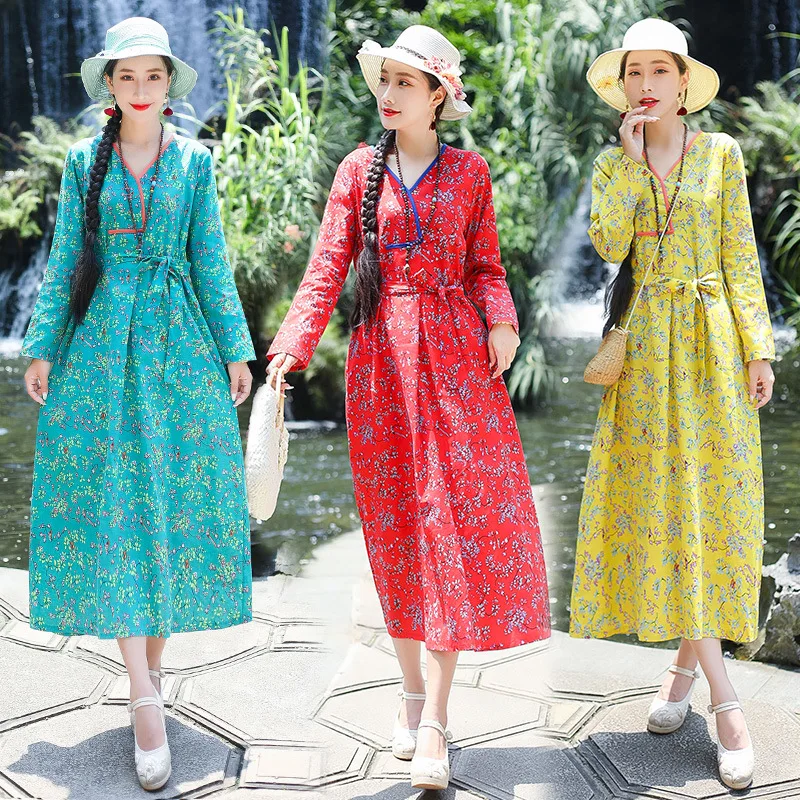 

National Wind WOMEN'S Dress 2019 Autumn Chinese Style Improved Robe Cotton Linen Printed Lace-up V-neck Slimming Dress Women's