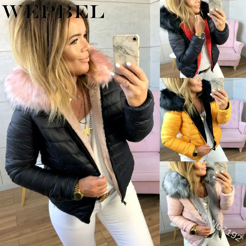 

WEPBEL New Arrival Winter Slim Women Casual Jackets Female Short Paragraph Large Fur Collar Zipper Coat Solid Color Clothing