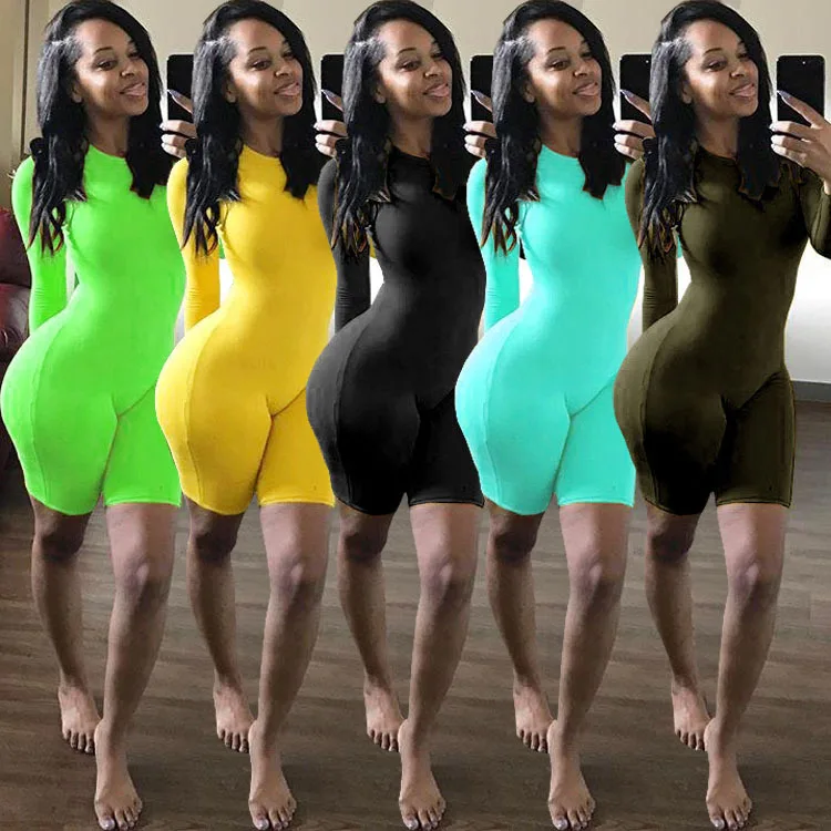 

Bodycon Solid Playsuit Women Long Sleeve Summer Short Jumpsuit Causal One Piece Romper Neon Tracksuit Female Cloth Plus Size