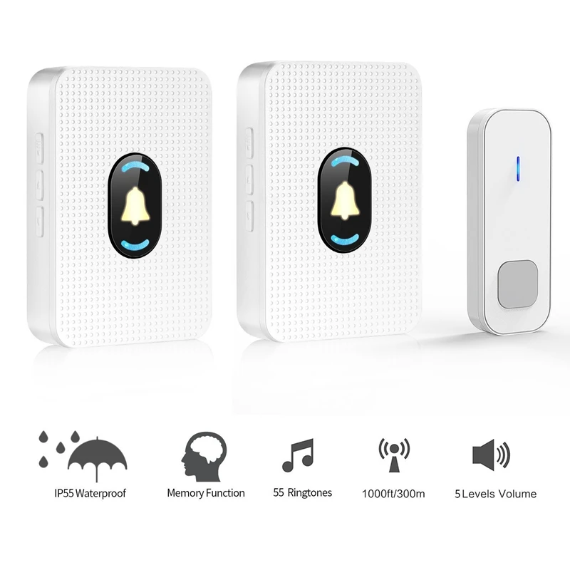 

Wireless Doorbell Waterproof Door Bell Chime Kit with 1 Push Button 2 Receiver Led Night Light for Home Office US Plug
