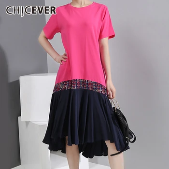 

CHICEVER Patchwork Hit Color Dress For Women O Neck Short Sleeve Oversize Loose Casual Midi Dresses Female Fashion Clothes 2020