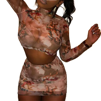 

Angel Outfits Women Sheer Mesh 2Pcs Suit Long Sleeve Crop Tops Short Mini Skirt Matching Sets Streetwear Tracksuit