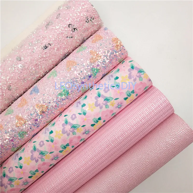 1PC 21X29CM PINK Glitter Fabric Hearts Printed Leather Sheets For Making Bows LEOsyntheticoDIY 6S64 | Дом и сад