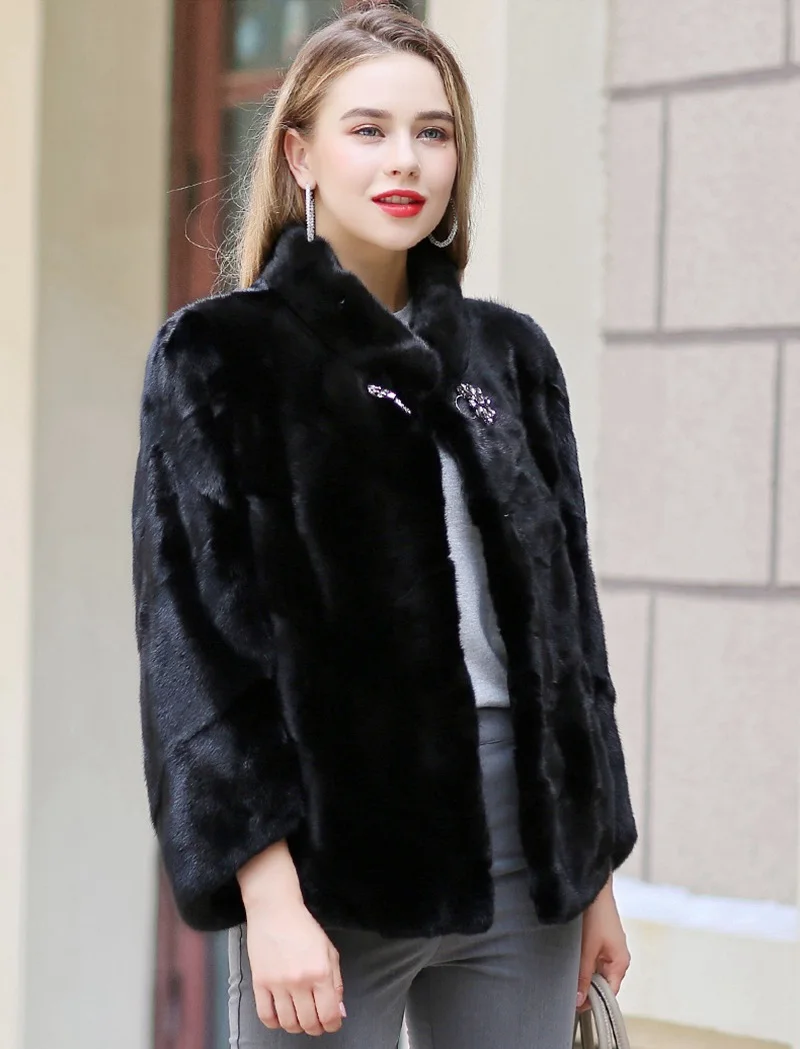 Роскошная натуральная норковая шуба куртка воротник стойка осень зима женское меховое пальто плюс размер 4XL LF9114