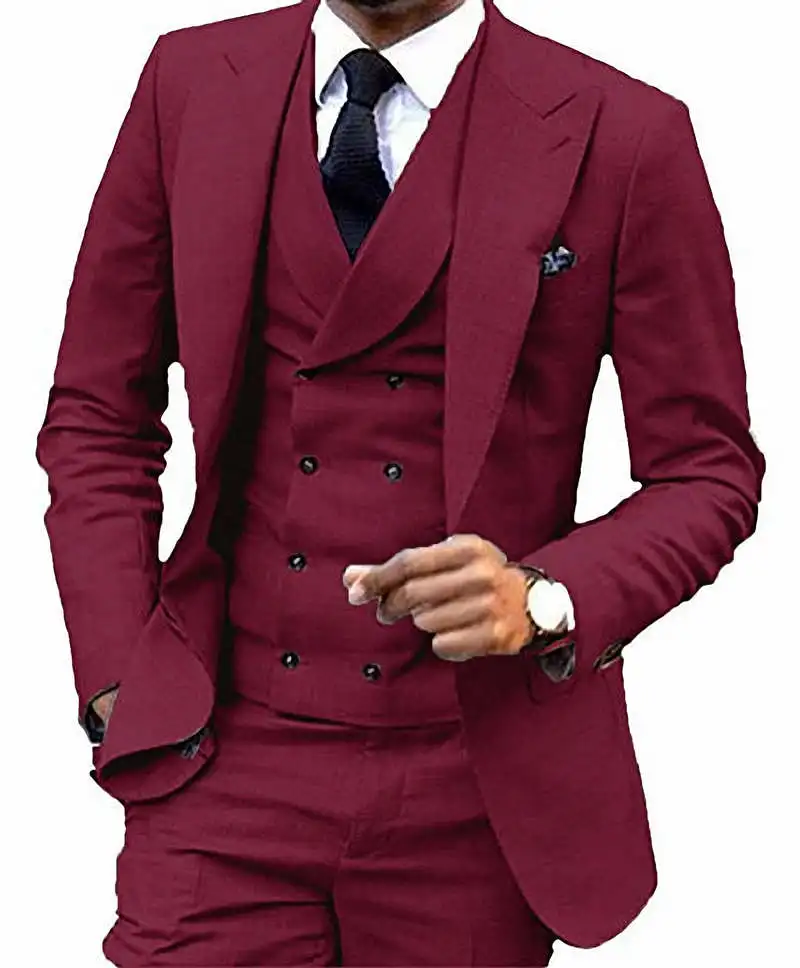 Три предмета, винтажные мужские костюмы-смокинги, двубортный жилет, свадебные костюмы, блейзер с отворотом, пиджак для повседневного ношения, официальный костюм - Цвет: Burgundy
