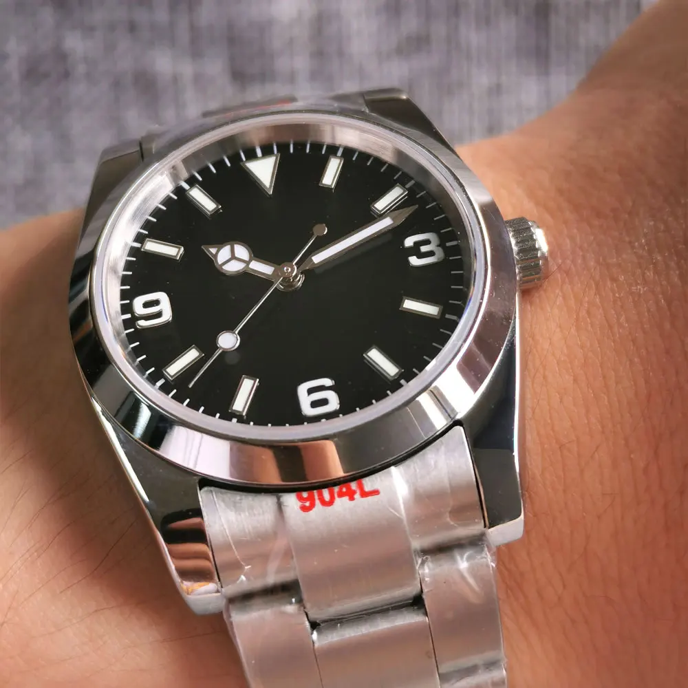 BLIGER 36mm Polished Automatic Men Watch Brushed Oyster Bracelet NH35A MIYOTA 8215 Movement Sapphire Crystal Green Luminous Dial