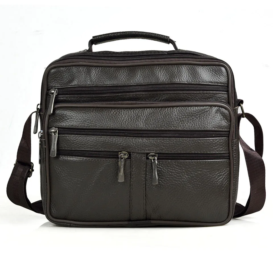 Koop Koffie Mannen Echt Lederen Schoudertas Mannelijke Koeienhuid Lederen Handtassen mannen Grote Rits Messenger Bag Reizen Tablet Tas Tote