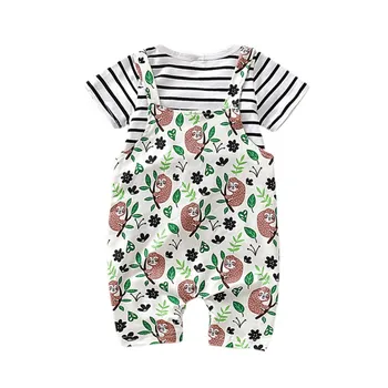 

Summer Casual Baby Cute Striped Short Sleeve Top And Printing Overalls Kit Kids Two-piece Outfit Set
