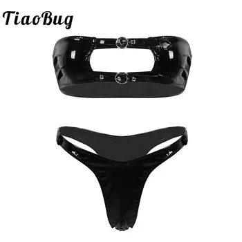 

TiaoBug Women Wet Look Patent Leather Sexy Lingerie Set Strapless Tube Bra Top with High Cut Thong Briefs Female Rave Clubwear