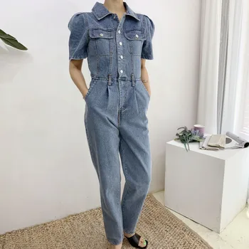 

Autumn 2020 Women Short Sleeve Jeans Denim Jumpsuit Streetwear Korea Style Fashion Jeans Rompers Blue Solid Jumpsuits Overalls