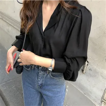 

HziriP Black Brief Office Lady Tops Chic Vintage Shirt 2020 New Loose Women Solid Blouses Basic Femme Blusas Camisas Mujer