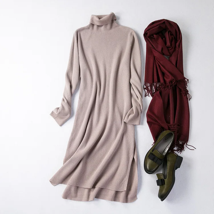 Осень, черное платье-свитер с высоким воротником, однотонное, смешивание шерсти, вязаное длинное платье с разрезом - Цвет: Ash powder