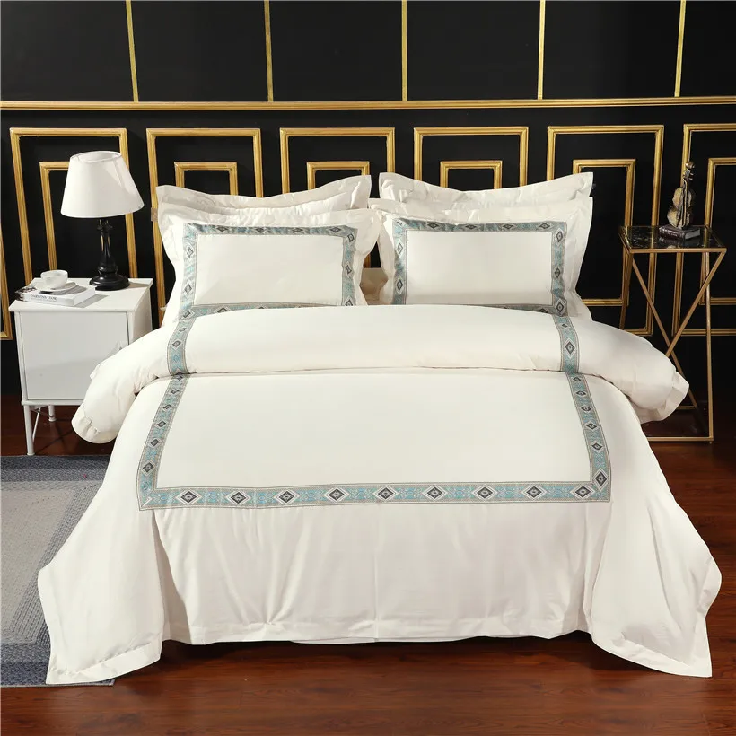 buy Nature White 100%Cotton Ultra Soft Duvet cover Bed Sheet Fitted Sheet set Queen King size 4Pcs Frame Ribbon Hotel Bedding set
