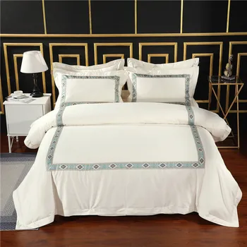 

Nature White 100%Cotton Ultra Soft Duvet cover Bed Sheet/Fitted Sheet set Queen King size 4Pcs Frame Ribbon Hotel Bedding set