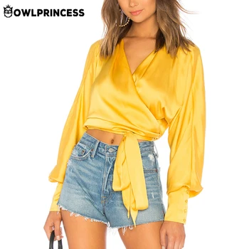 

OWLPRINCESS Sexy Long Sleeve Satin Blouse Women Cropped Top Yellow Silk Casual Blouse V Neck Blouse Autumn Winter Chemise Female