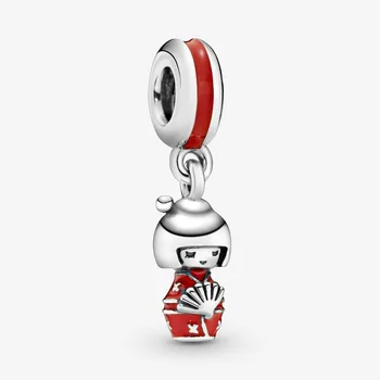 

JrSr New 100% 925 Sterling Silver Bead Red Enamel Japanese Doll Geisha Pendant Charm Fit Pandora Bracelet woman DIY Jewelry gift