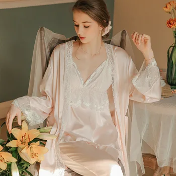 

Spring and autumn dressing gown lace woman pajamas sweet sexy suspenders set long-sleeved silk pajamas three-piece home service