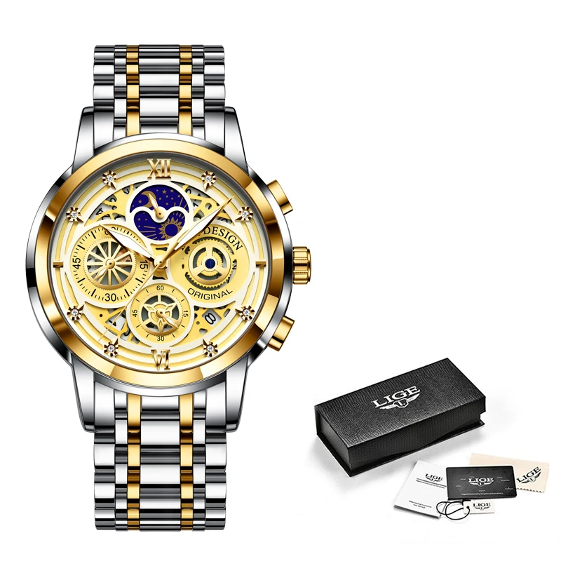 2021 New LIGE Sport Men Watch Top Brand Luxury Gold Stainless Steel Quartz Wrsit Watch Men Fashion Hollow Waterproof Chronograph 
