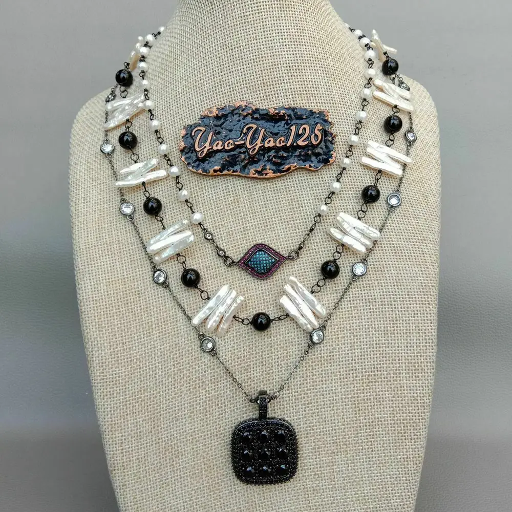 

Cultured White Biwa Pearl onyx Cz Pave Pendant Gunmetal Chain Necklace
