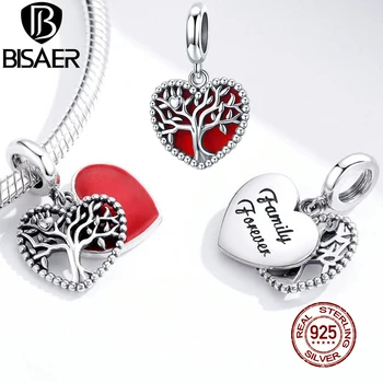

BISAER Charms 925 Sterling Silver Tree of Life Red Enamel Heart Bead Pendant DIY Bracelets Fashion Wedding Jewelry Gift GXC1556