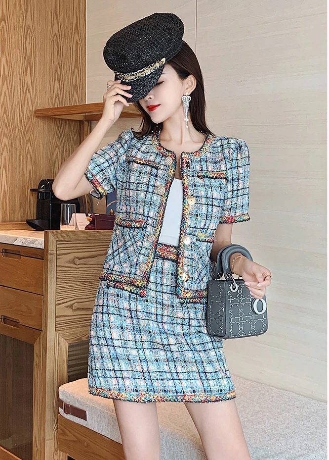 Autumn Tweed 2 Piece Set Suit Women Weave Plaid Button Pocket Short Jacket Coats+ Mini Pencil Skirt Set Two Piece Outfits