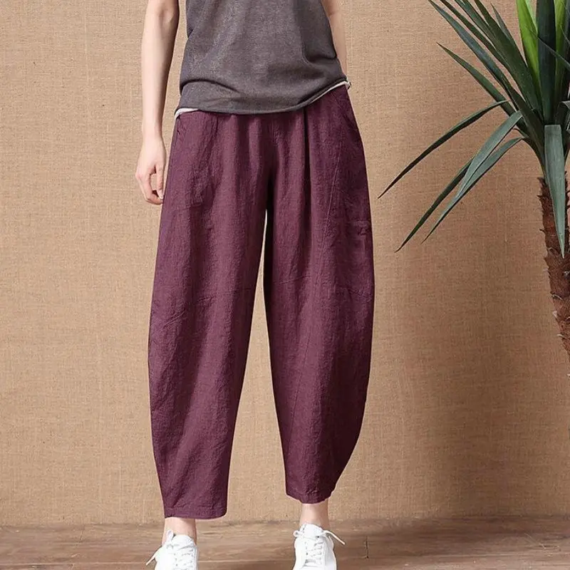 Vintage Trousers Pants Elastic-Waist Loose Retro Cotton Linen Plus-Size Womens Lady