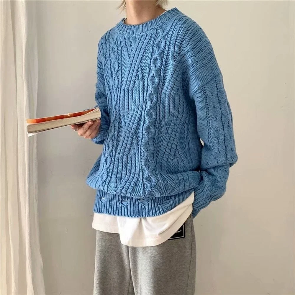 DIMI Men Knitted Sweater Pullover Woolen Tops Chunky Knit Sweater Winter Grey Cable Knit Jumper Warm Jumper Oversized Sweaters