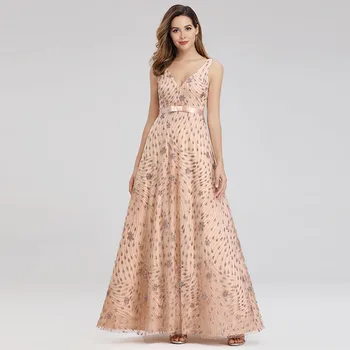 

Dressv golden v neck evening dress sleeveless beading a line belt floor length zipper up wedding party formal evening dress