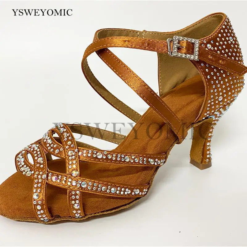 Indoor Dancing Shoes Bronze Red Blue Black Customized Colors Rhinestones Bachata Salsa Cha cha Latin Women Dance Shoes For Girls