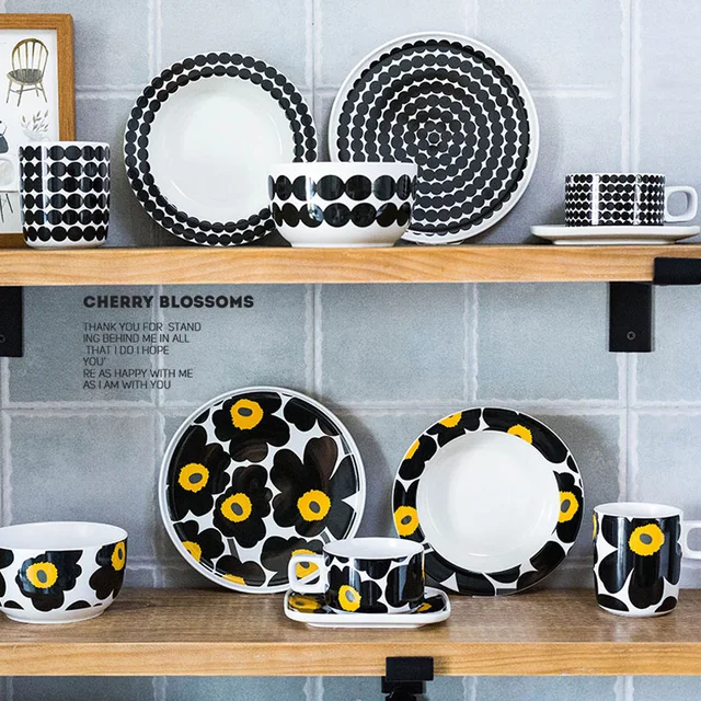 Black Flowers and Polka Dot Ceramic dishes sets 2