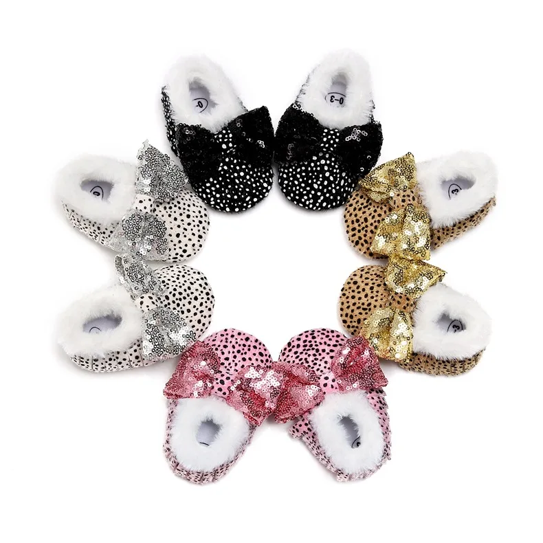 

Infant Baby Fur Lining Slippers Shiny Sequin Bow Leopard Moccasins Soft Sole Toddler First Walking Shoes