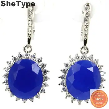 

37x17mm Romantic 9.7g Created Pink Tourmaline Real Blue Sapphire 925 Solid Sterling Silver Stud Earrings