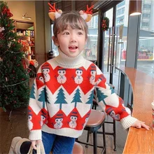 

Christmas Children's Sweaters for Girls Warm Turtleneck Stitch Thicken Knitted Xmas Print Tops Pullover Baby Kids Clothing