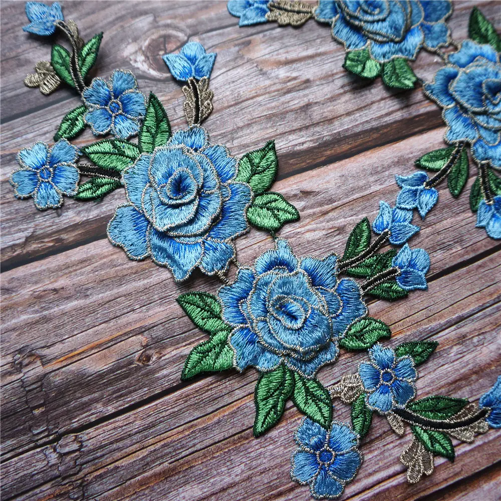 2 шт. Голубая роза 3D цветы вышитая одежда Аппликации Кружева текстильные оборки воротник заплаты для свадебного украшения платье DIY