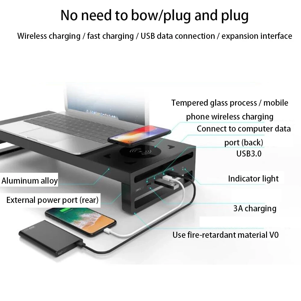 Monitor Wireless Charger Base Holder USB 3.0 4 Port  Charger   Stand  Aluminum Alloy Computer Laptop Base Stand Bracket Multi