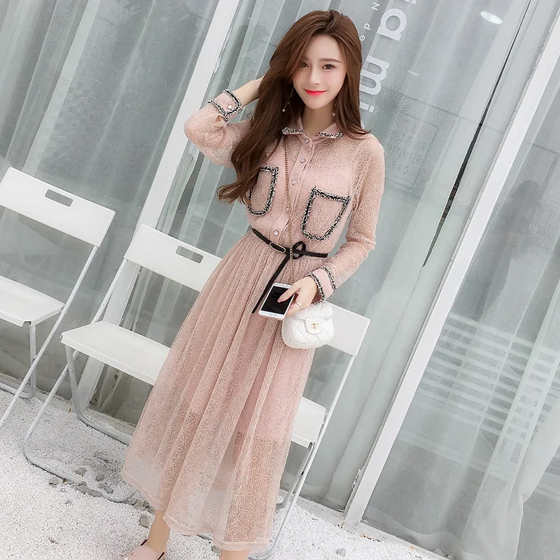 

Autumn New Style Korean-style Mid-length Shirt Collar Waist Hugging Lace Dress Women's Base Big Hemline A- line Skirt