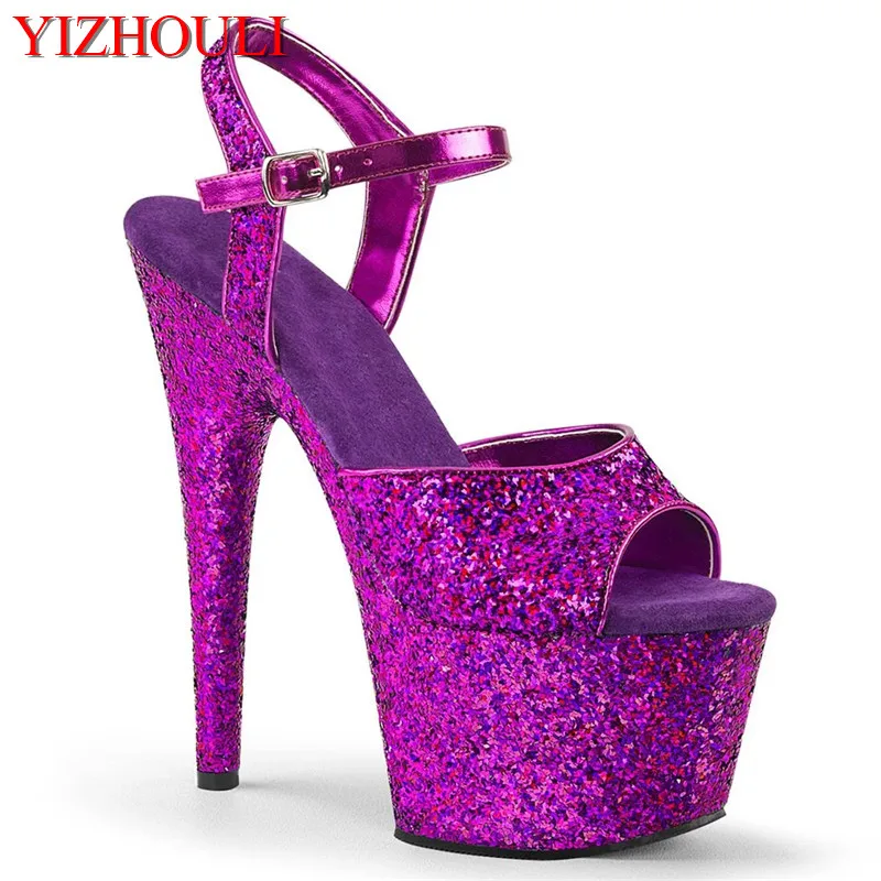 Римские сандалии 17 см, 7-дюймовая лакированная подошва, пурпурные блестящие босоножки, модельные танцевальные упражнения, танцевальная обувь