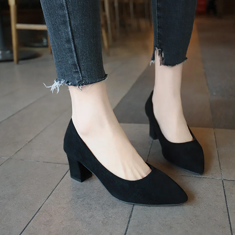 

Large Size WOMEN'S Shoes 2018 Autumn & Winter New Style Korean-style Black And White with Pattern Chunky High Heel Shoes Shallow