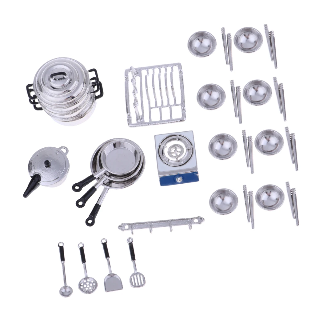 1:12 Dollhouse Miniature Metal Pots and Pans & Tableware Set Kids DIY Accessories