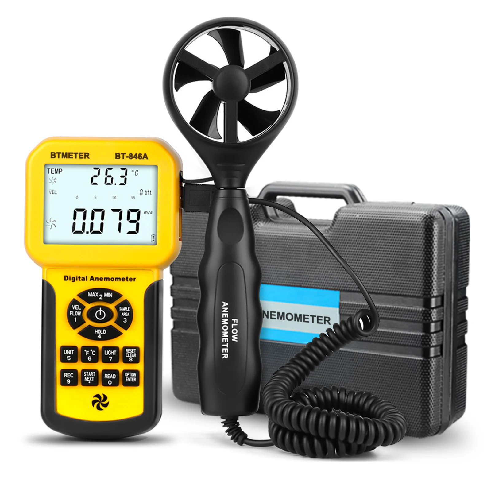 BTMETER 846A Pro HVAC Anemometer Measures Wind Speed Wind Flow Temp Tester CFM Air Flow Velocity Meter with Backlight