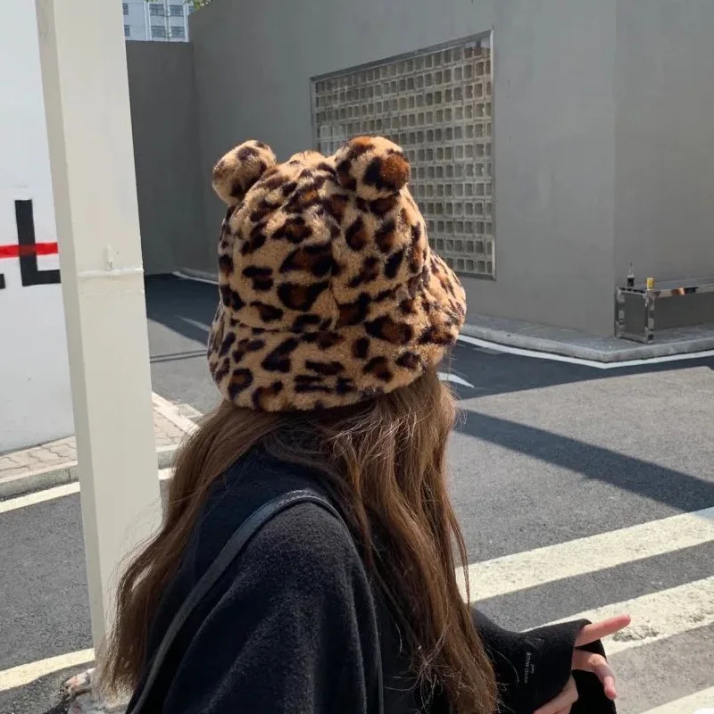 Women Faux Fur Bucket Hat Ears Bucket Hat Leopard Print Panama Cute
