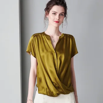 

yellow satin silk shirt for women high quality short sleeve 4XL plus size casual sexy office dress tops fashion dropshipping