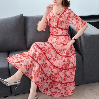 

Retro Print V-neck Stitching Big Skirt Flared Sleeve Romantic Temperament Dress Women's 2020 Summer New S