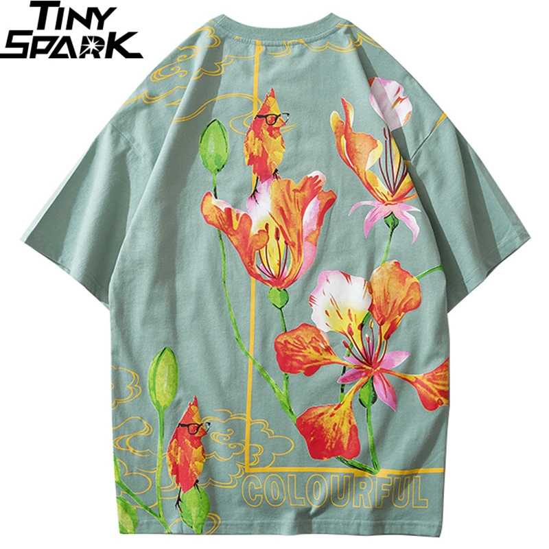 Уличная Мужская футболка в стиле хип-хоп Харадзюку с цветочным принтом, хлопковая Повседневная футболка с коротким рукавом и цветочным принтом, модные топы, футболки, новинка